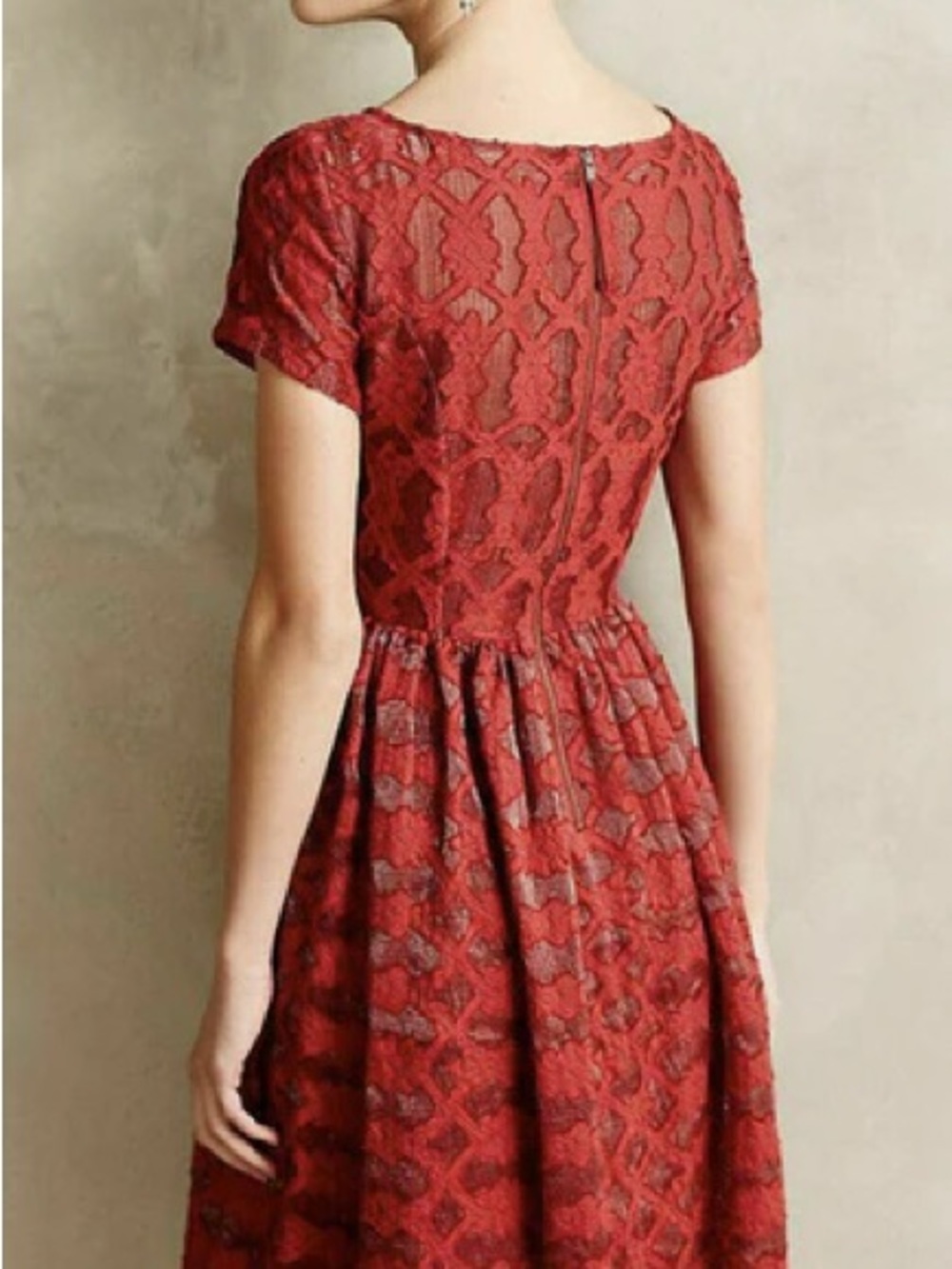 Anthropologie Moulinette Soeurs Red Lace Metallic Silver Insert Dress Size 6 - Picture 2 of 6